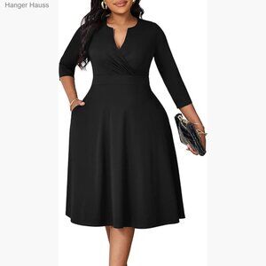 Plus Size Midi Dress 3/4 Sleeve Fit Flare V-Neck Pockets Casual Cocktail